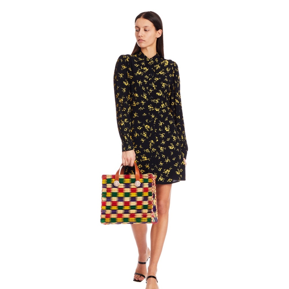 Ganni floral crepe black yellow collar mini dress size medium